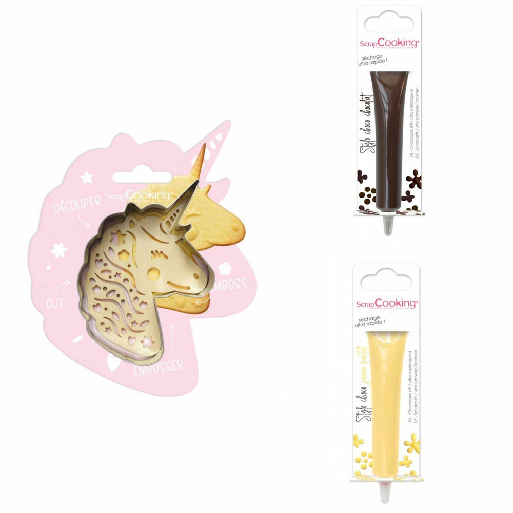 Kit pour biscuit en relief licorne + 2 stylos au chocolat marron et jaune pastel