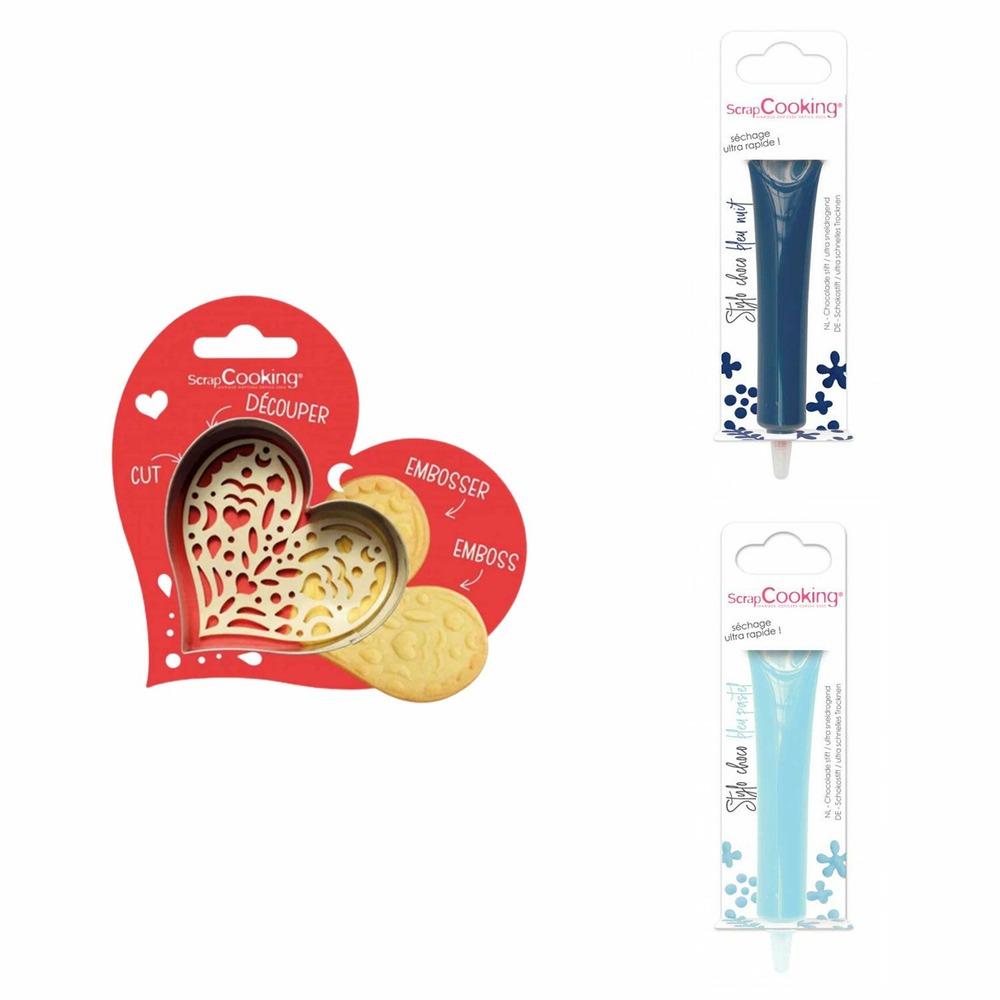 Kit pour biscuit en relief coeur + 2 stylos au chocolat bleu nuit et bleu pastel