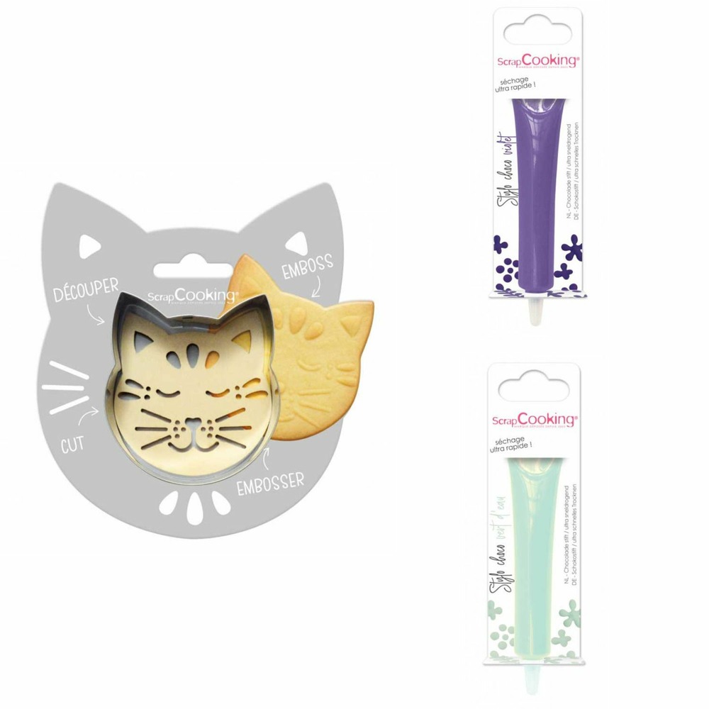 Kit pour biscuit en relief chat + 2 stylos au chocolat violet et vert d'eau