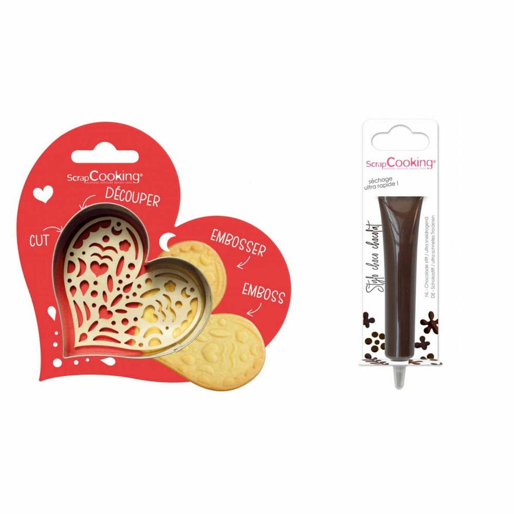 Kit pour biscuit en relief coeur + stylo au chocolat marron