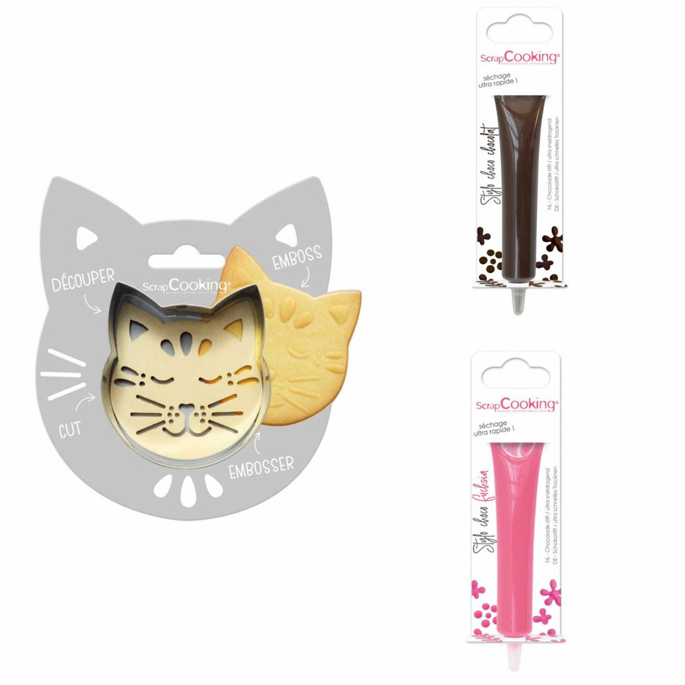Kit pour biscuit en relief chat + 2 stylos au chocolat marron et fuchsia