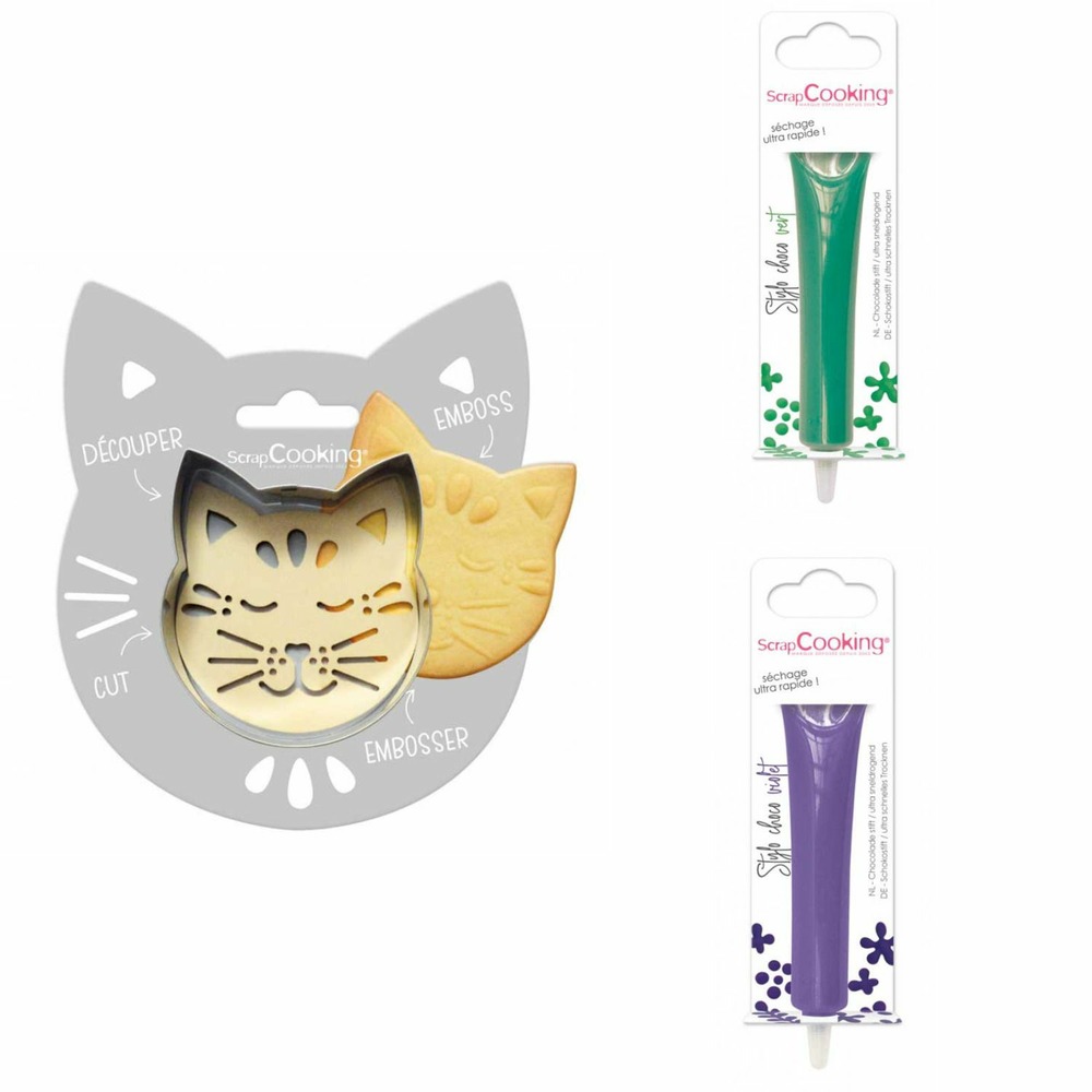 Kit pour biscuit en relief chat + 2 stylos au chocolat vert et violet