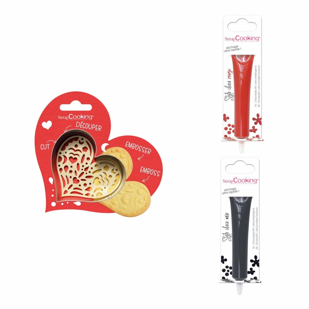 Kit pour biscuit en relief coeur + 2 stylos au chocolat rouge et noir