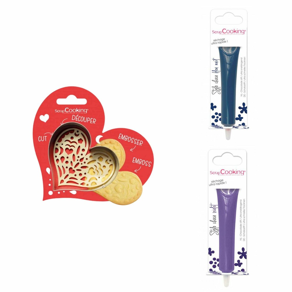 Kit pour biscuit en relief coeur + 2 stylos au chocolat bleu nuit et violet