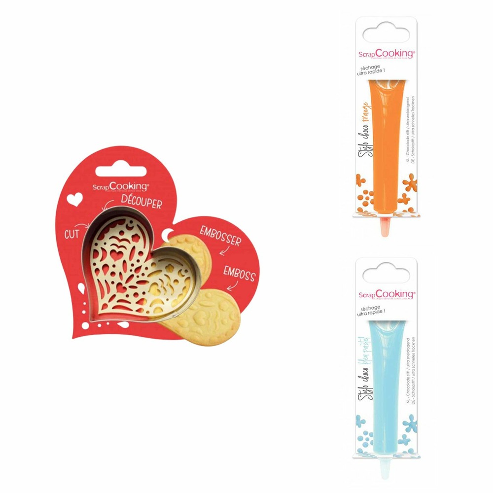Kit pour biscuit en relief coeur + 2 stylos au chocolat orange et bleu pastel
