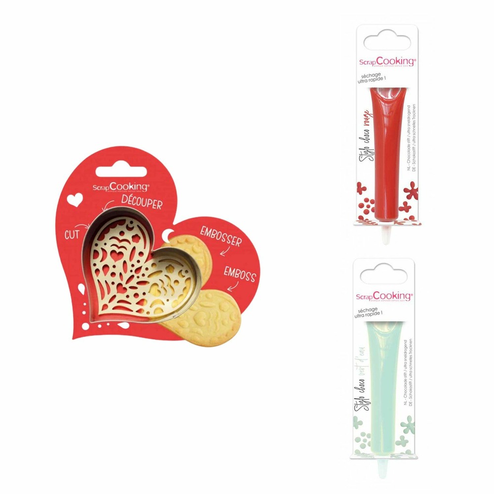 Kit pour biscuit en relief coeur + 2 stylos au chocolat rouge et vert d'eau