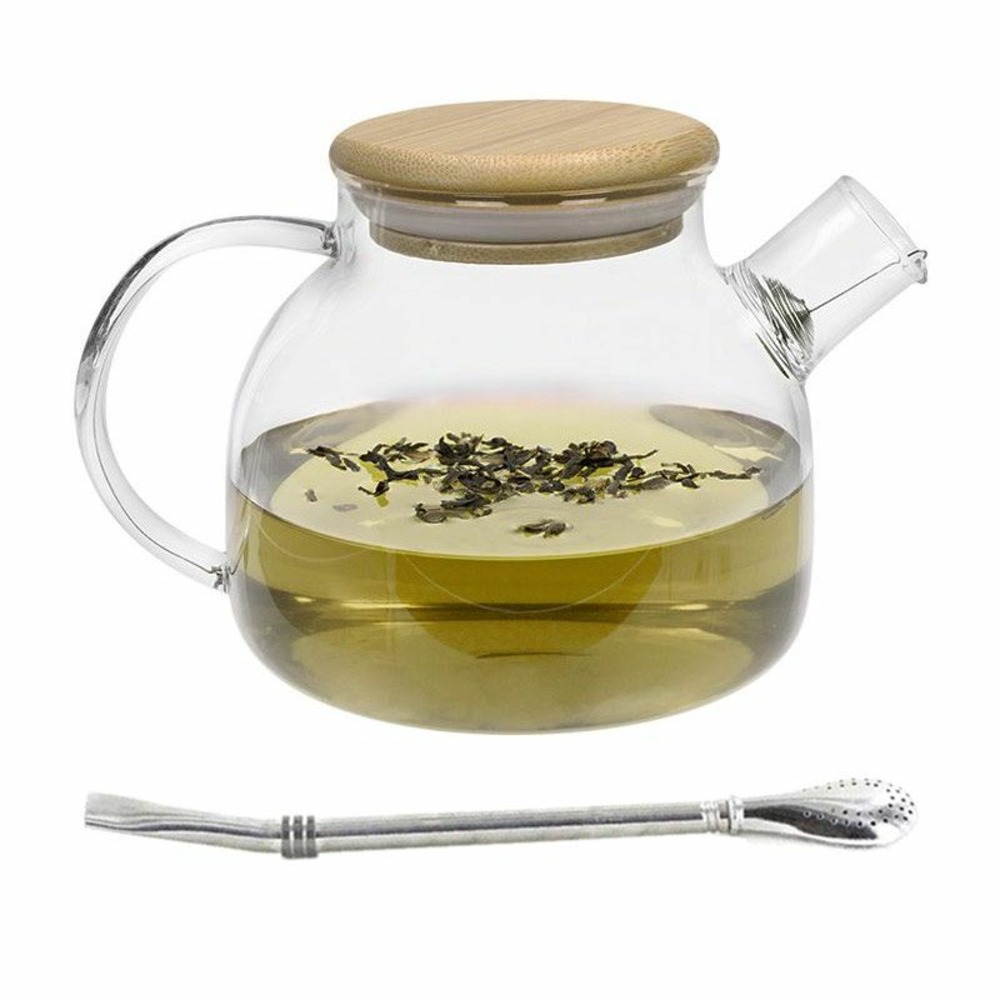 Théière en verre et bambou 1 l + paille inox avec filtre