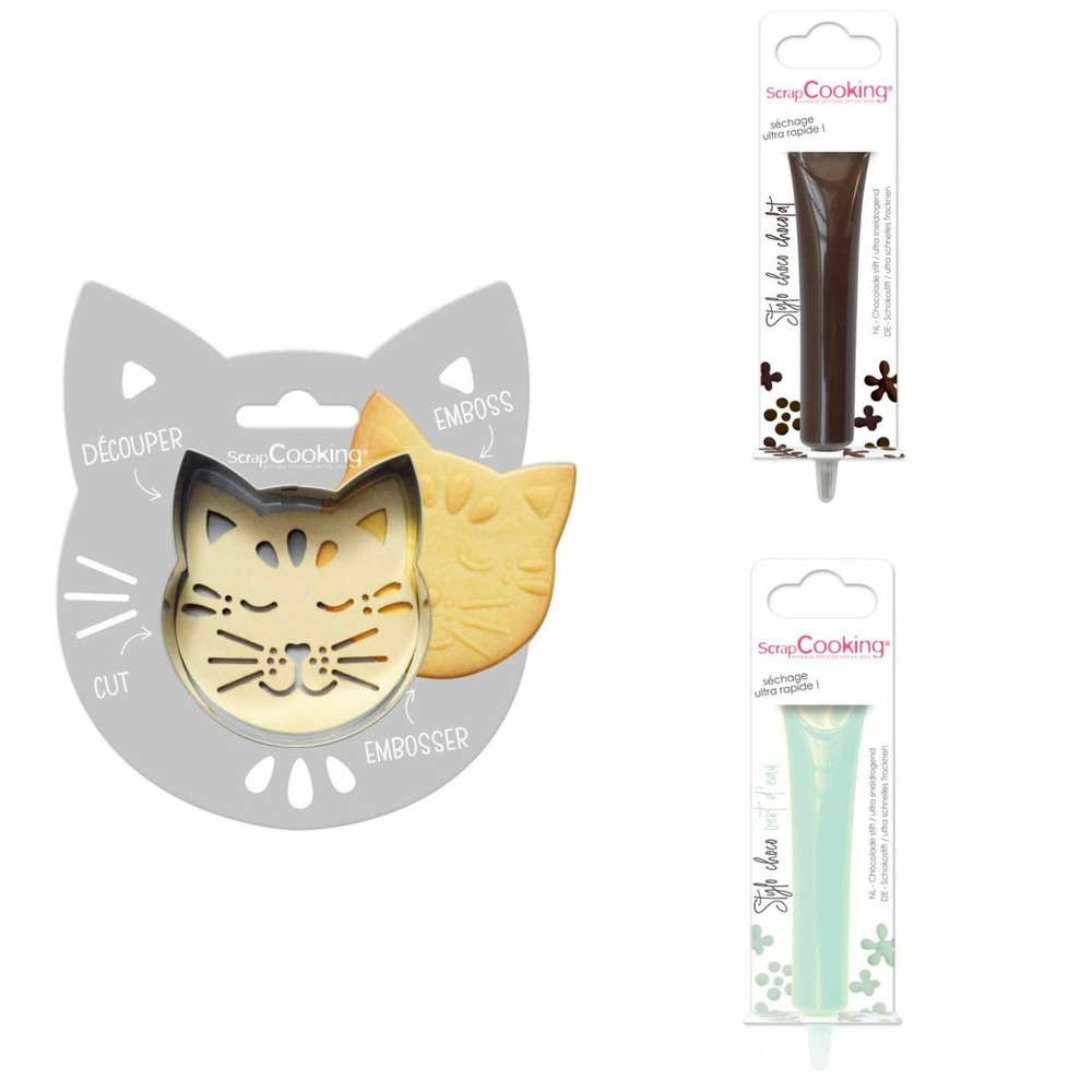 Kit pour biscuit en relief chat + 2 stylos au chocolat marron et vert d'eau
