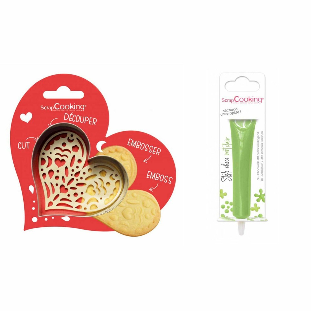 Kit pour biscuit en relief coeur + stylo au chocolat vert clair