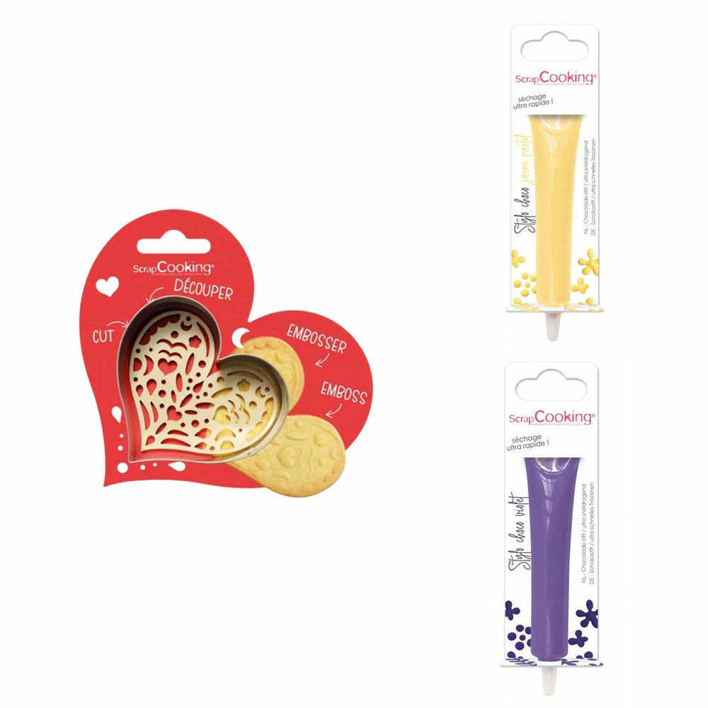 Kit pour biscuit en relief coeur + 2 stylos au chocolat jaune pastel et violet