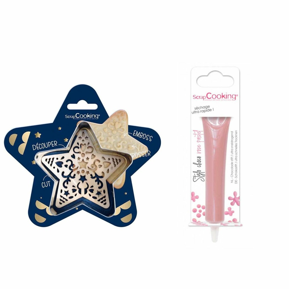 Kit pour biscuit en relief étoile + stylo au chocolat rose pastel
