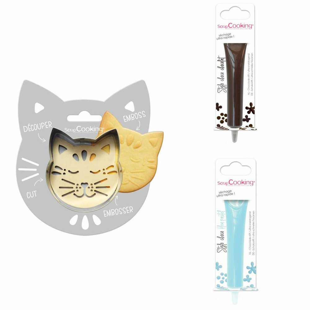 Kit pour biscuit en relief chat + 2 stylos au chocolat marron et bleu pastel