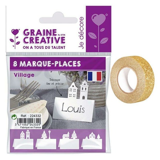 Marque places pour table de noël village + masking tape doré à paillettes 5 m