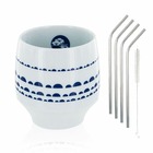 Tasse nara porcelaine avec motifs bleus + 4 pailles en inox