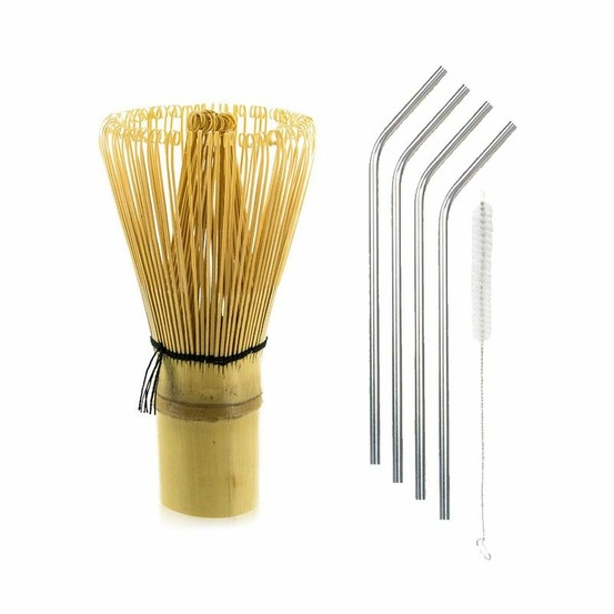 Fouet à thé matcha en bambou + 4 pailles en inox