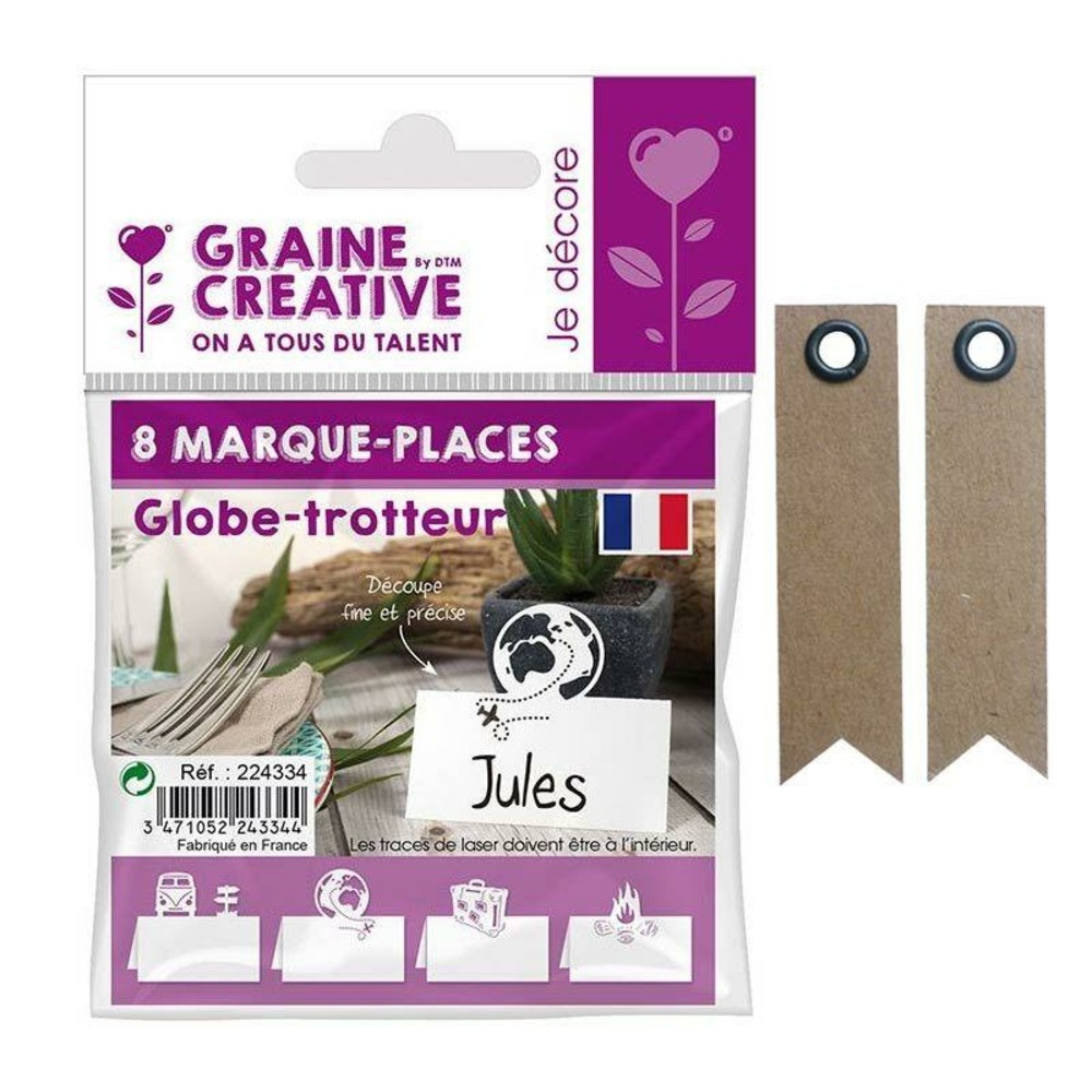 8 marque-places globe-trotteur + 20 étiquettes kraft fanion
