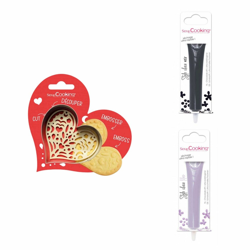 Kit pour biscuit en relief coeur + 2 stylos au chocolat noir et lilas