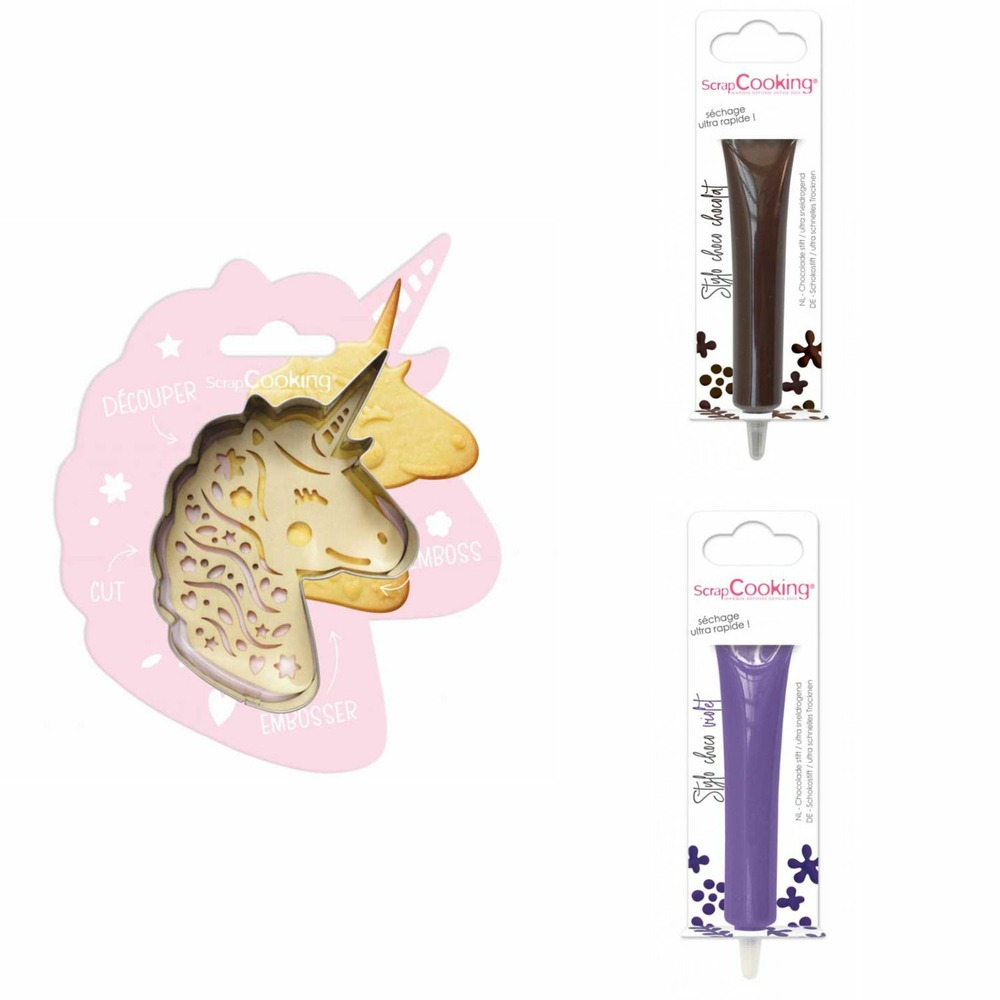 Kit pour biscuit en relief licorne + 2 stylos au chocolat marron et violet