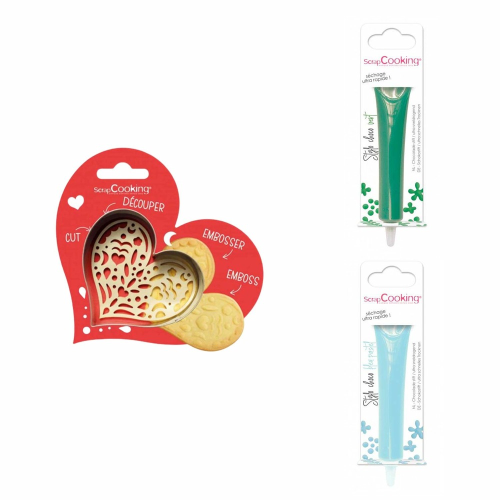 Kit pour biscuit en relief coeur + 2 stylos au chocolat vert et bleu pastel