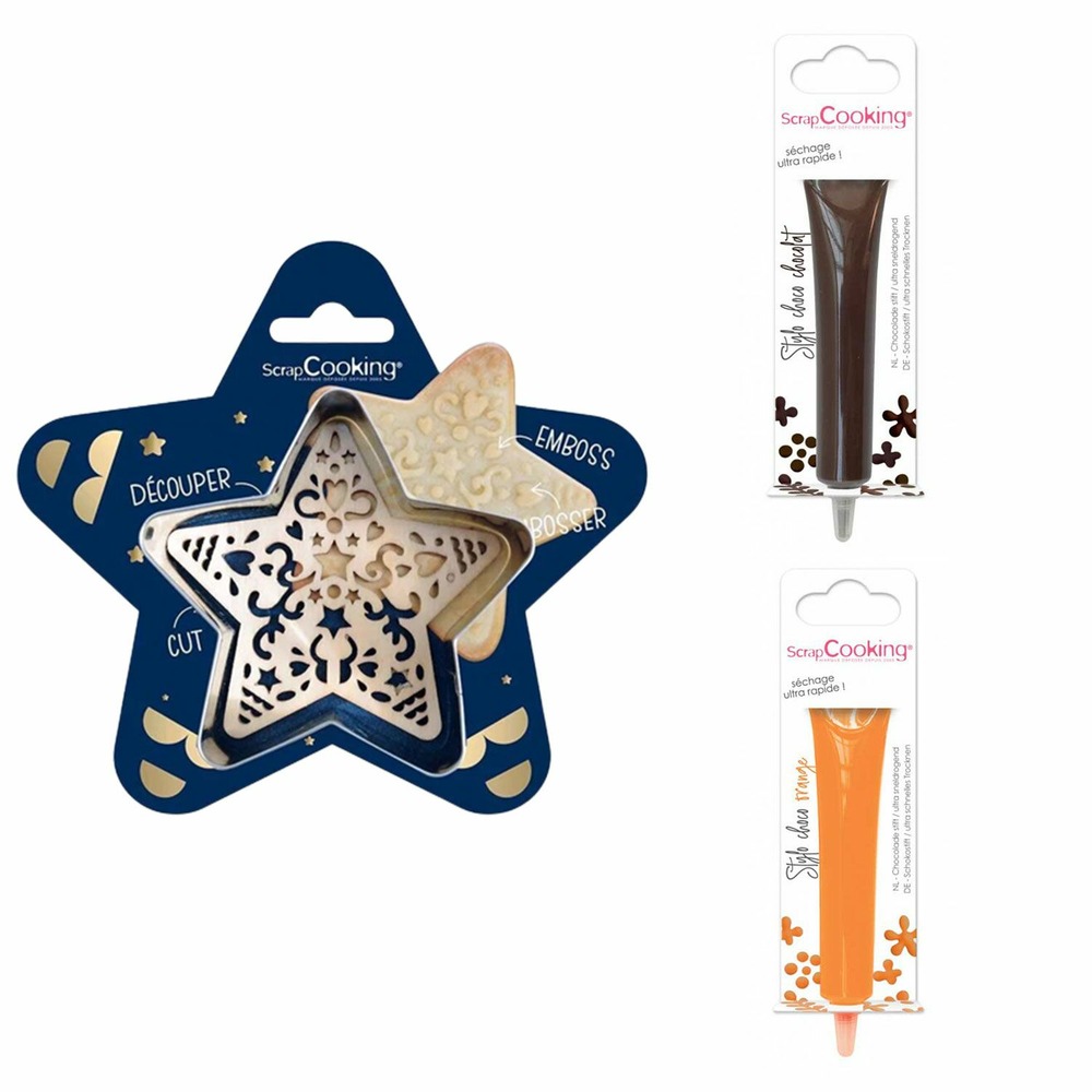Kit pour biscuit en relief étoile + 2 stylos au chocolat marron et orange