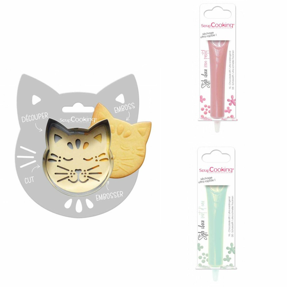 Kit pour biscuit en relief chat + 2 stylos au chocolat rose pastel et vert d'eau