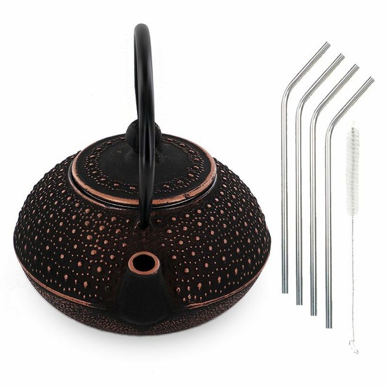Théière en fonte sui 0,8 l + 4 pailles en inox
