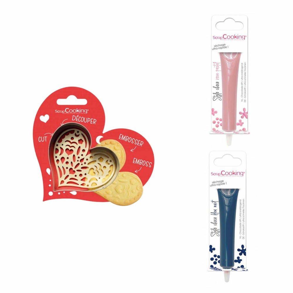 Kit pour biscuit en relief coeur + 2 stylos au chocolat rose pastel et bleu nuit