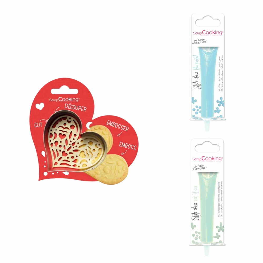 Kit pour biscuit en relief coeur + 2 stylos au chocolat bleu pastel et vert d'eau