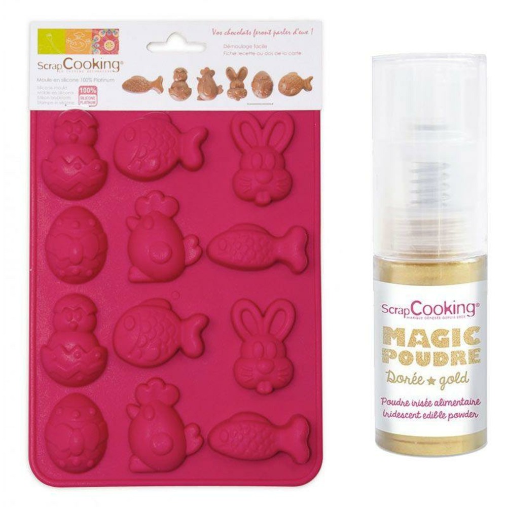 Moule chocolats de pâques + 1 poudre alimentaire irisée dorée