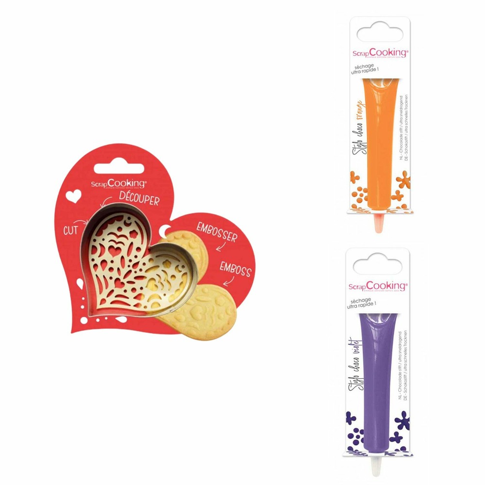 Kit pour biscuit en relief coeur + 2 stylos au chocolat orange et violet