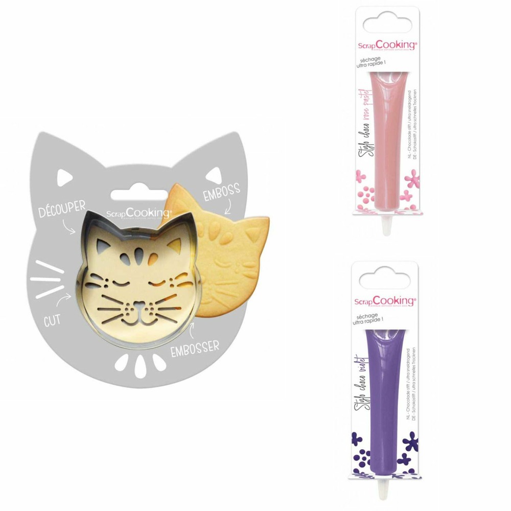 Kit pour biscuit en relief chat + 2 stylos au chocolat rose pastel et violet