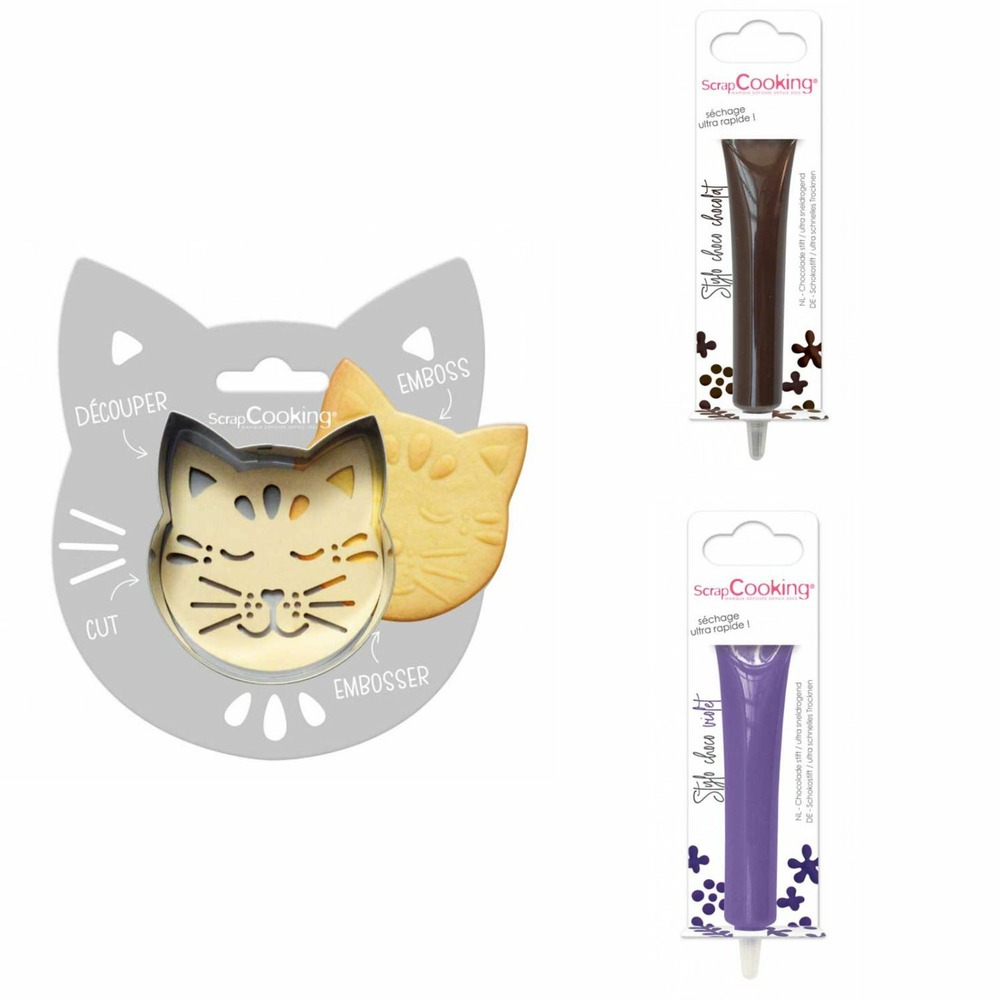 Kit pour biscuit en relief chat + 2 stylos au chocolat marron et violet