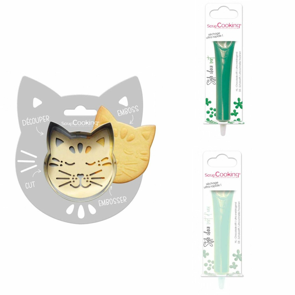 Kit pour biscuit en relief chat + 2 stylos au chocolat vert et vert d'eau