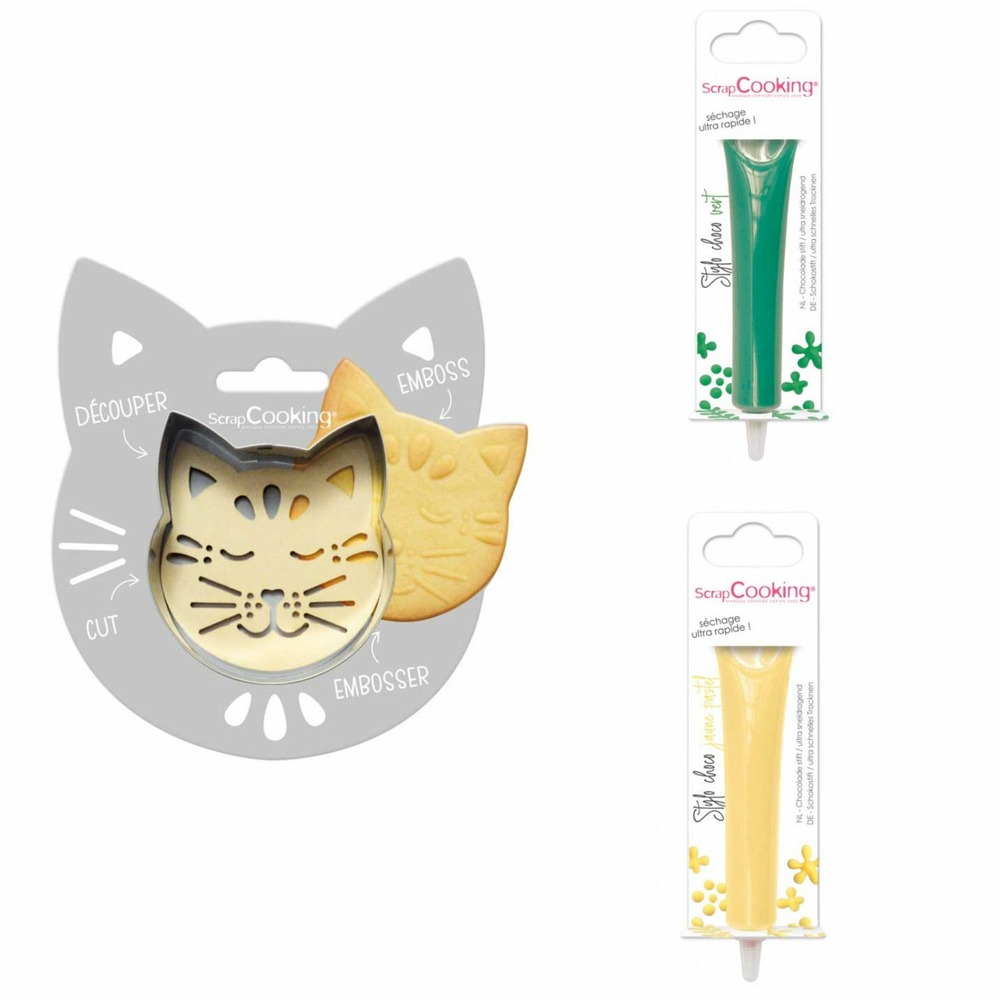 Kit pour biscuit en relief chat + 2 stylos au chocolat vert et jaune pastel