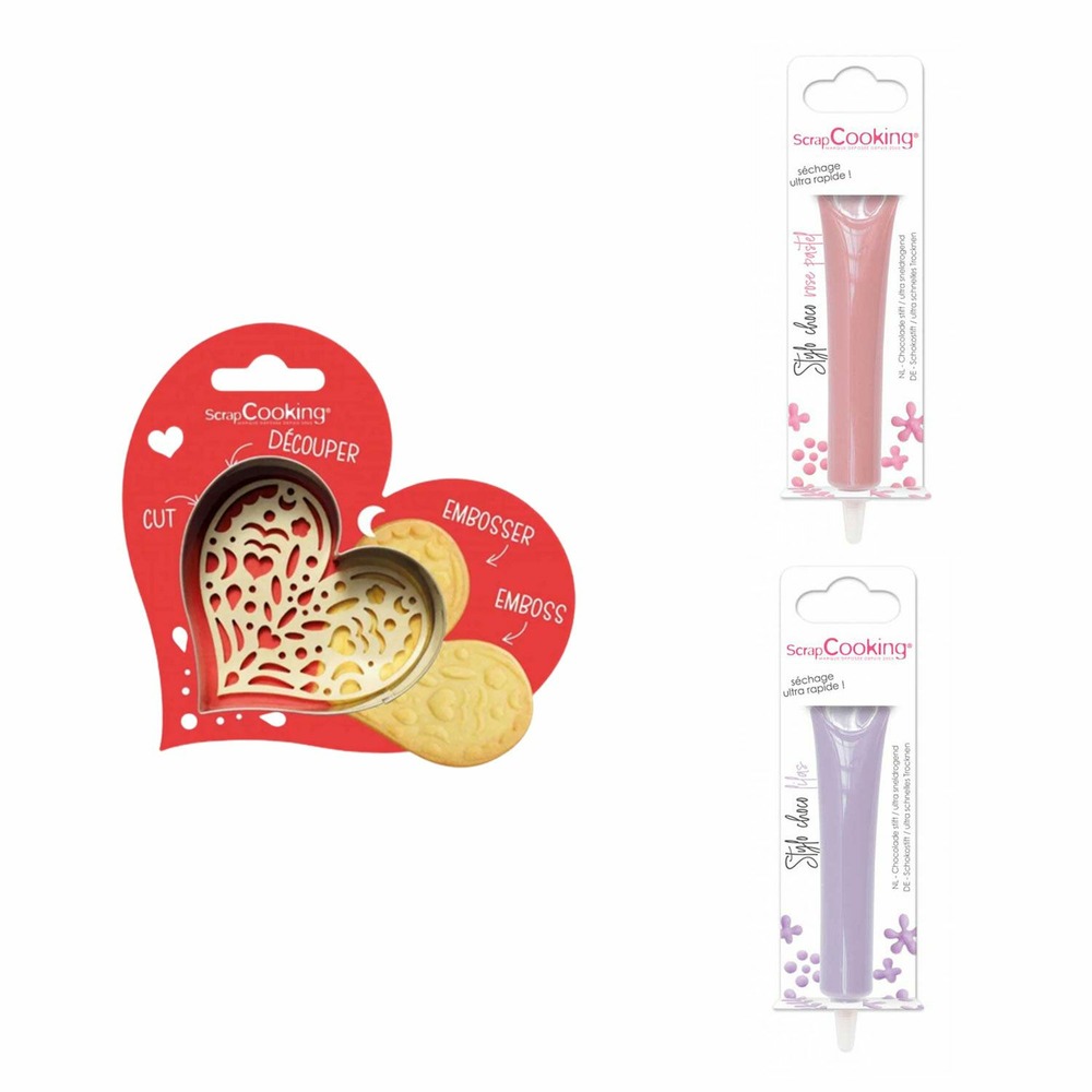 Kit pour biscuit en relief coeur + 2 stylos au chocolat rose pastel et lilas