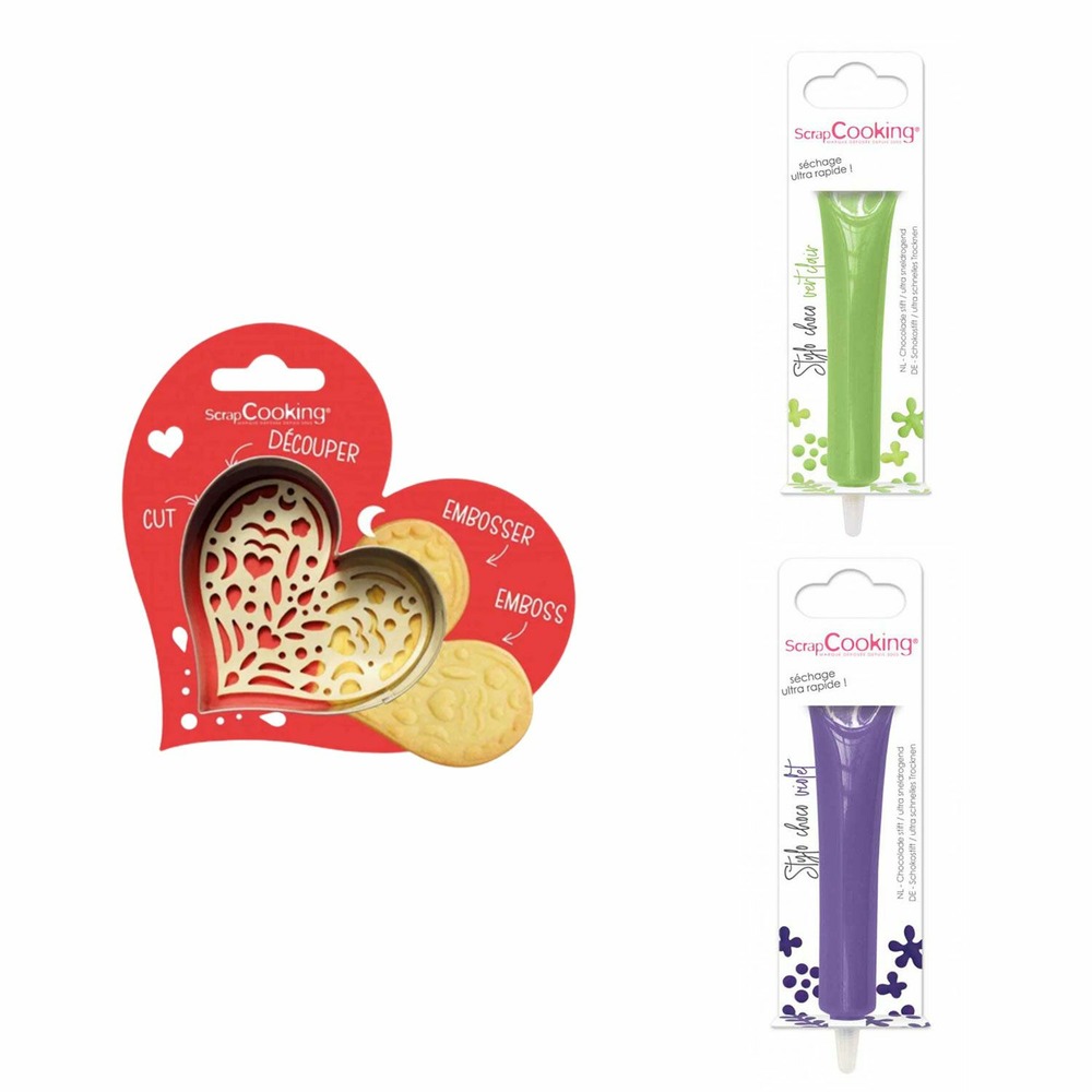 Kit pour biscuit en relief coeur + 2 stylos au chocolat vert clair et violet