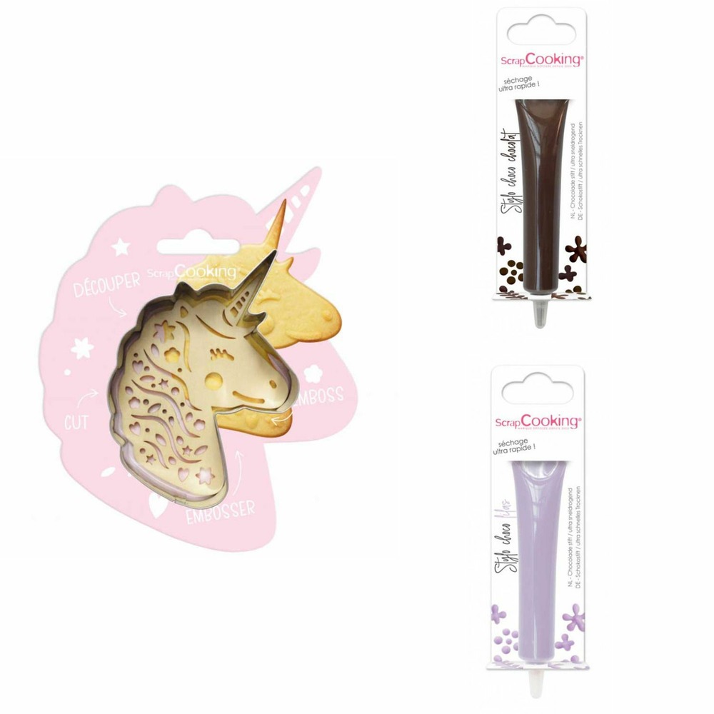 Kit pour biscuit en relief licorne + 2 stylos au chocolat marron et lilas