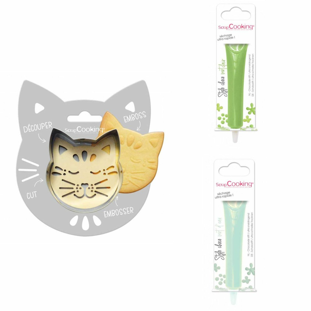 Kit pour biscuit en relief chat + 2 stylos au chocolat vert clair et vert d'eau