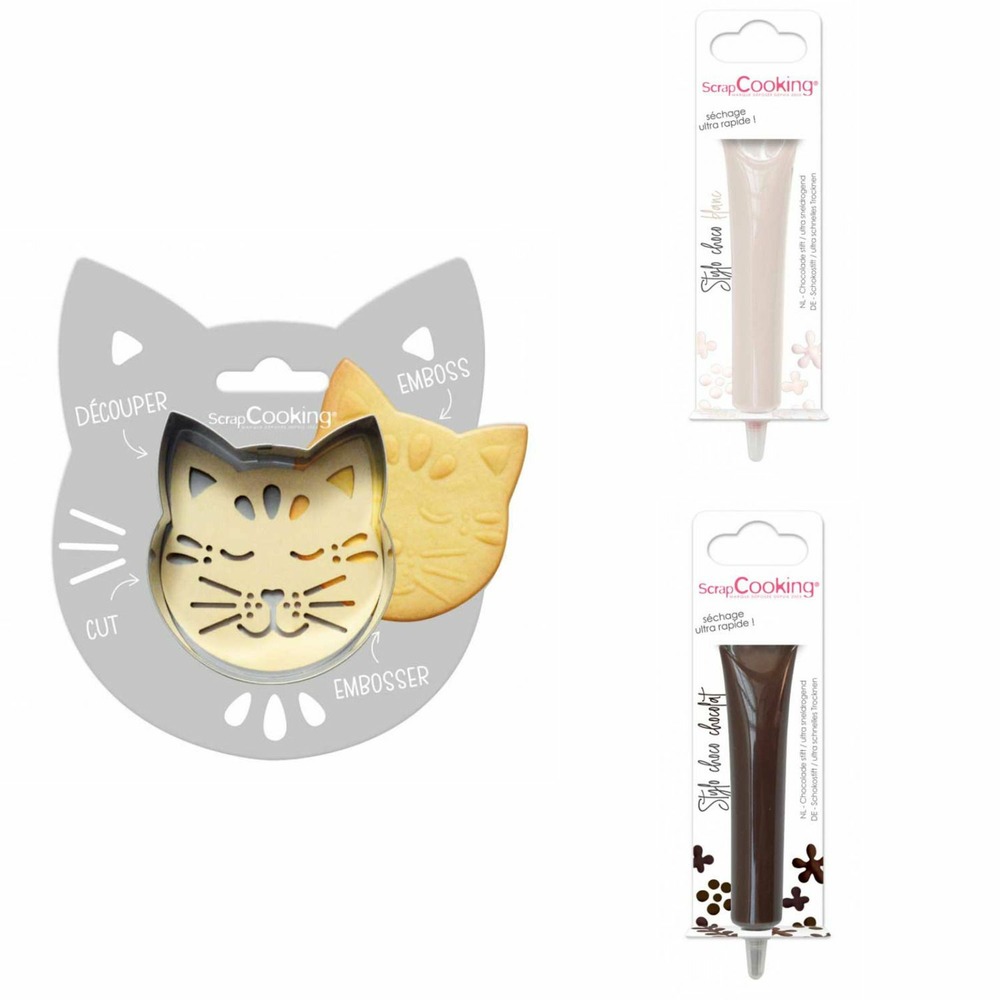 Kit pour biscuit en relief chat + 2 stylos au chocolat blanc et marron