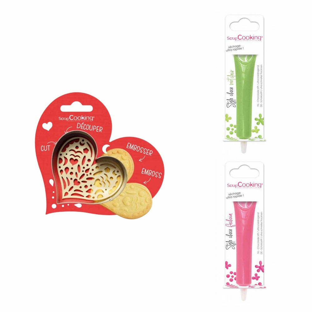 Kit pour biscuit en relief coeur + 2 stylos au chocolat vert clair et fuchsia