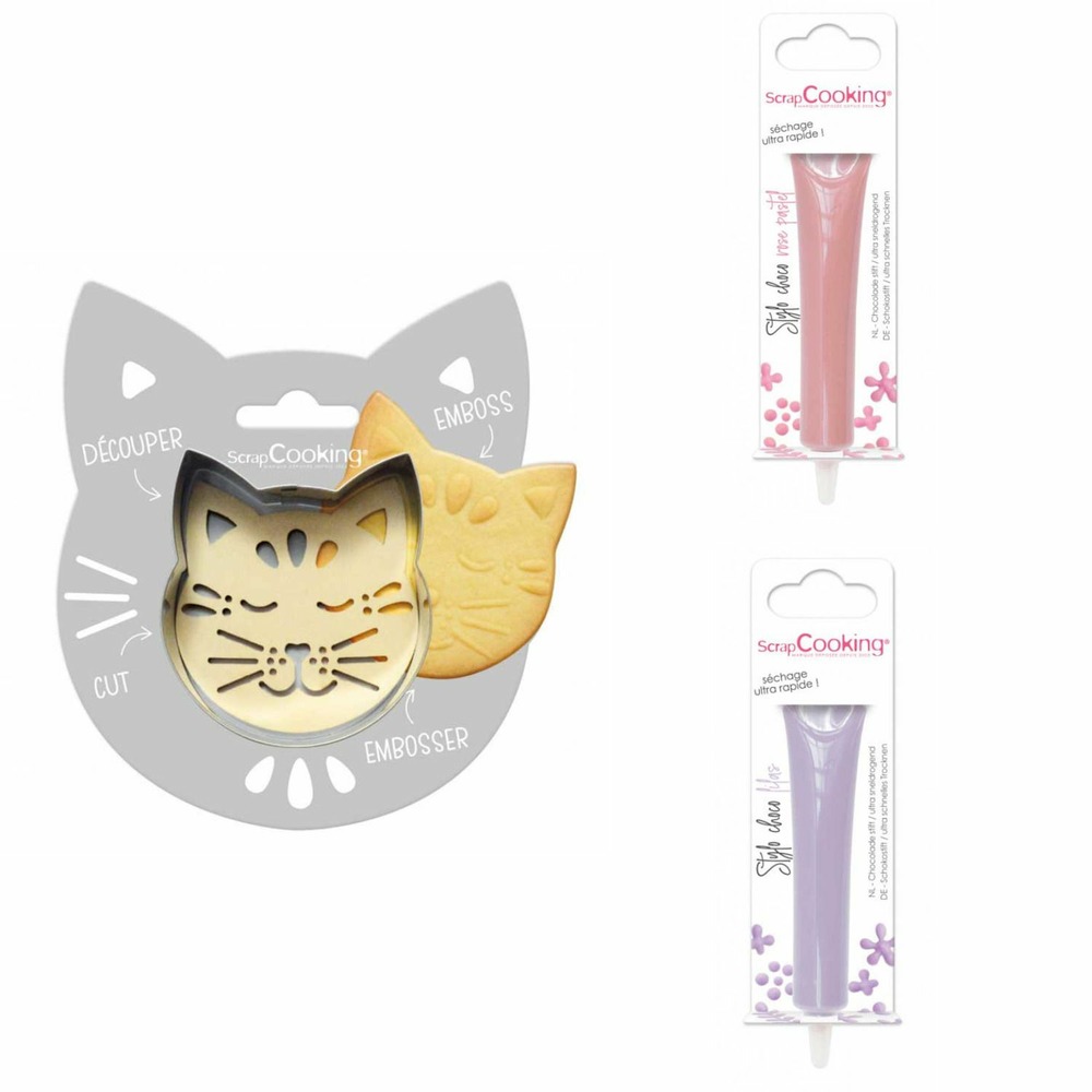 Kit pour biscuit en relief chat + 2 stylos au chocolat rose pastel et lilas