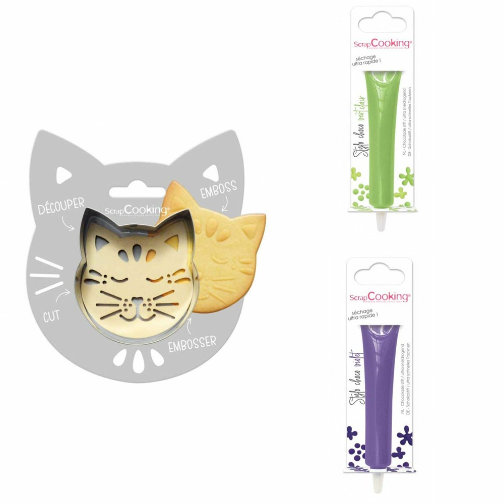 Kit pour biscuit en relief chat + 2 stylos au chocolat vert clair et violet