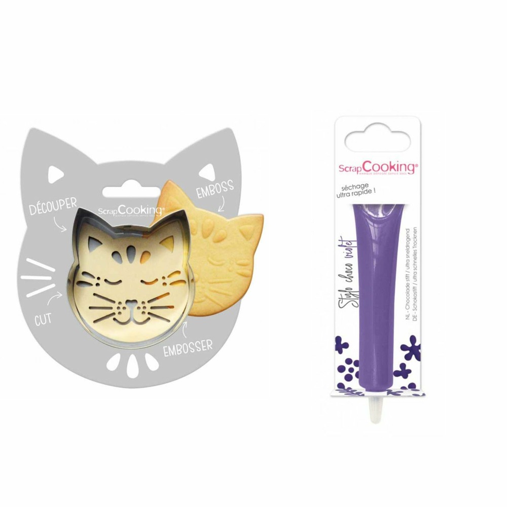 Kit pour biscuit en relief chat + stylo au chocolat violet