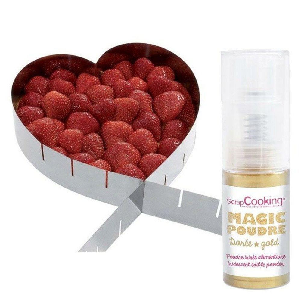 Cadre à pâtisserie extensible coeur + 1 poudre alimentaire irisée dorée
