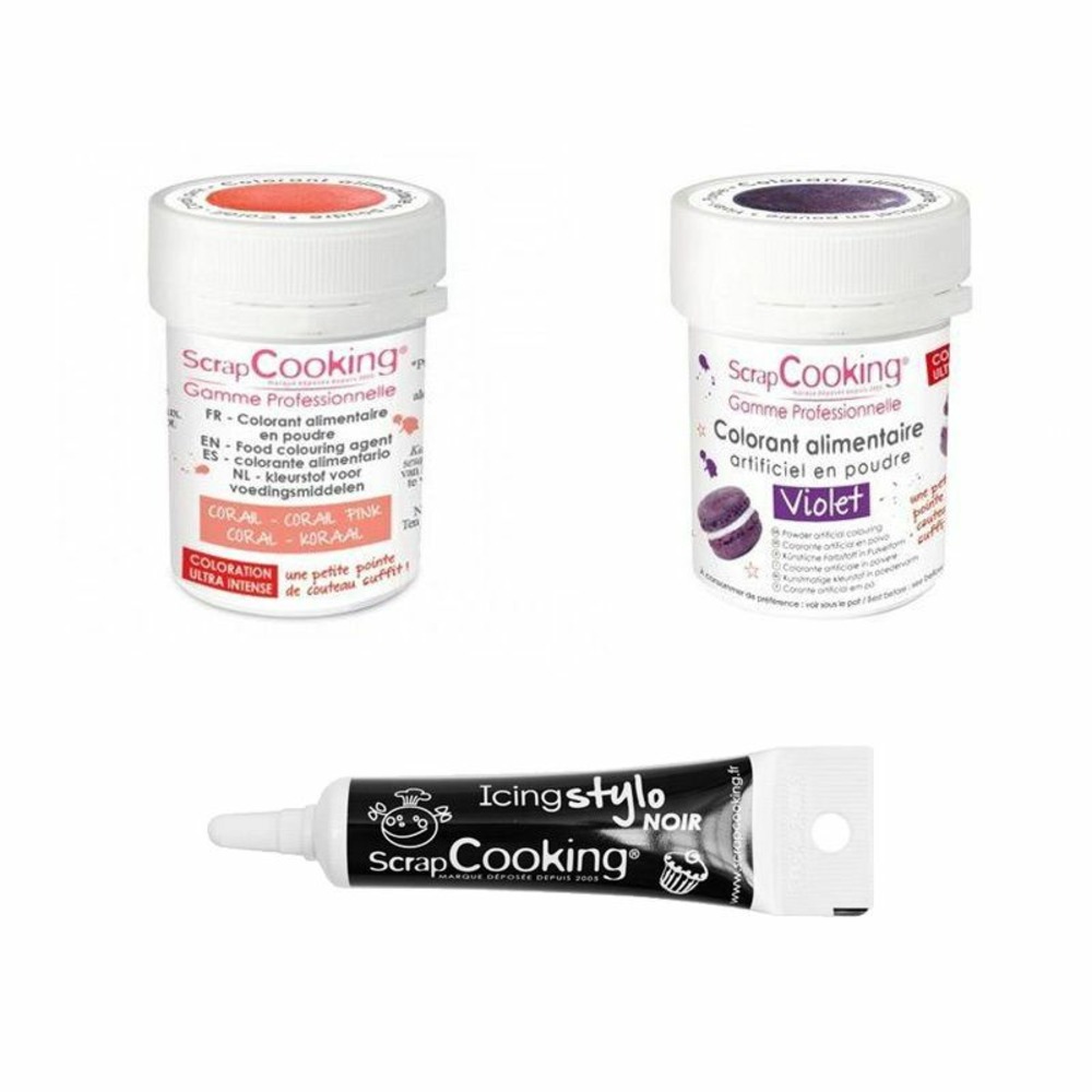 2 colorants alimentaires corail-violet + stylo glaçage noir