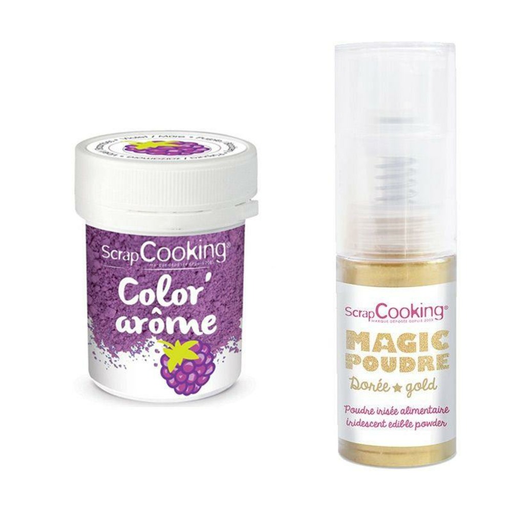 Colorant alimentaire violet arôme mûre + poudre alimentaire irisée dorée