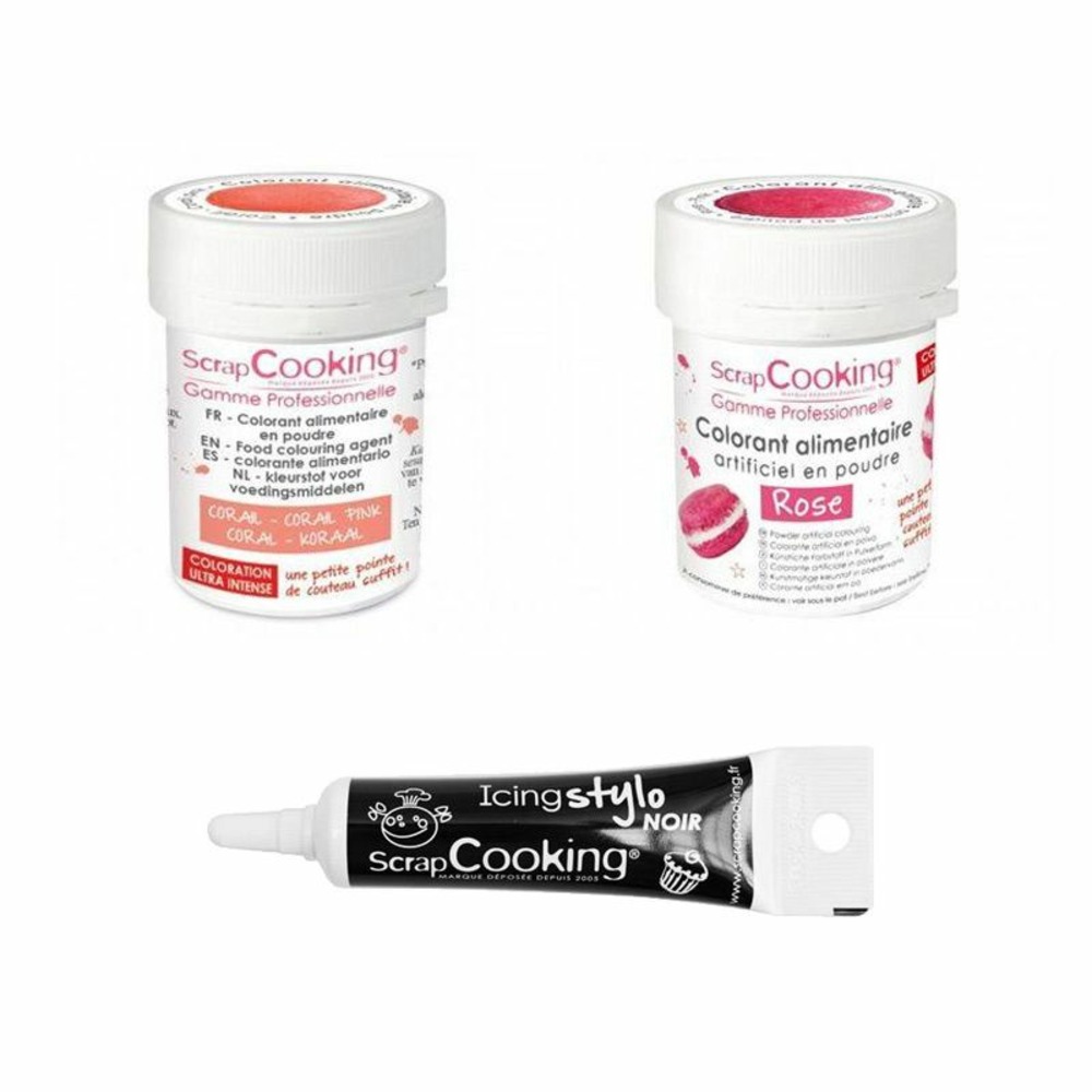 2 colorants alimentaires corail-rose + stylo glaçage noir