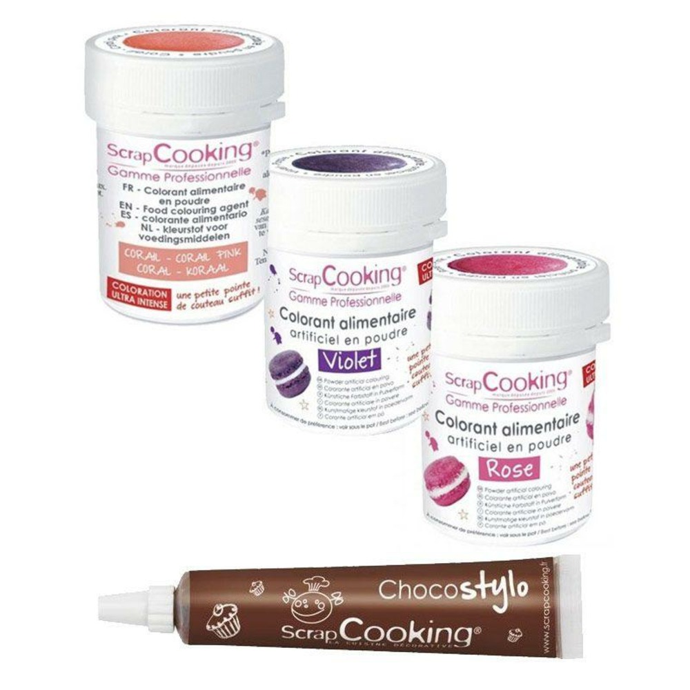 Kit de colorants alimentaires rose-violet-corail + 1 stylo chocolat
