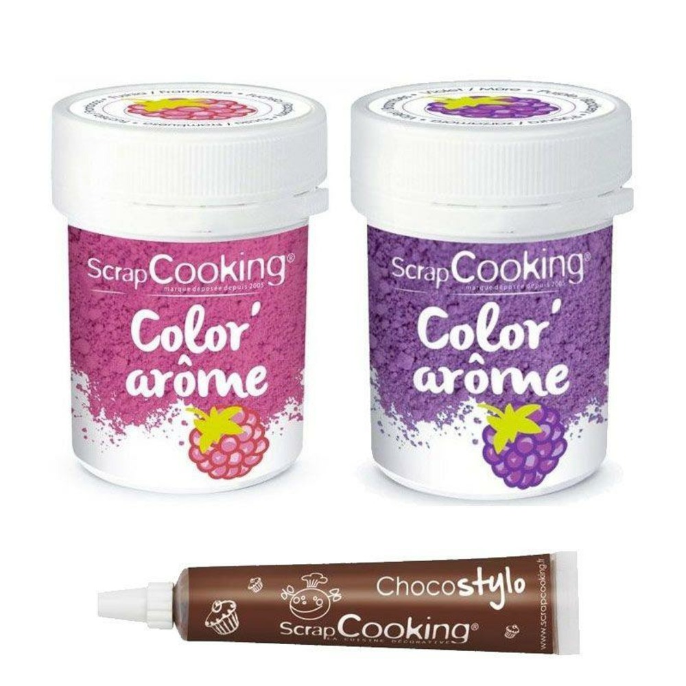 2 colorants alimentaires aux arômes de framboise & mûre + stylo chocolat