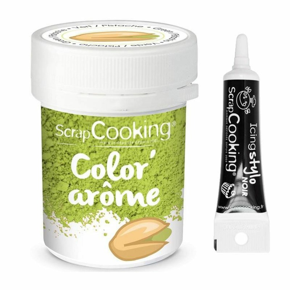 Colorant alimentaire vert arôme pistache 10 g + stylo glaçage noir